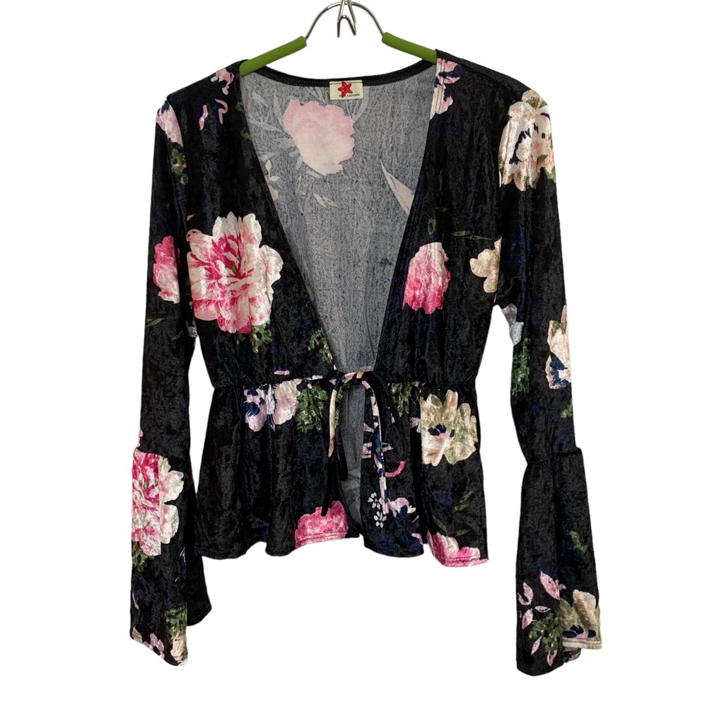 BLUE LEOPARD Rose Print Tie Front Bell Sleeve Crop Top Sz 1X